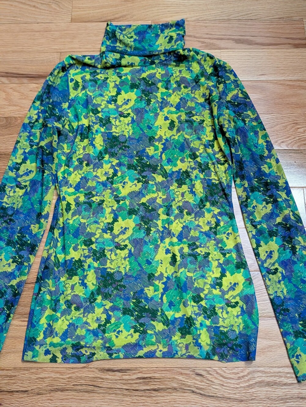 GANNI Sulphur Spring Printed Mesh Turtleneck Top Sz 38 / US 6 Mesh Scandi